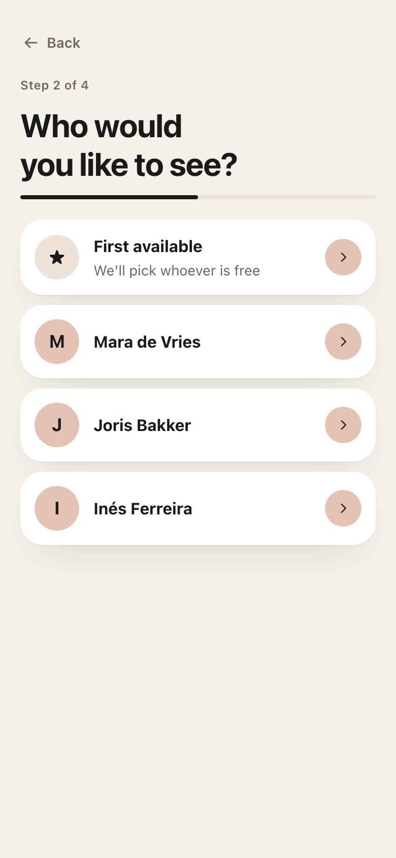 Booklino staff selection screen