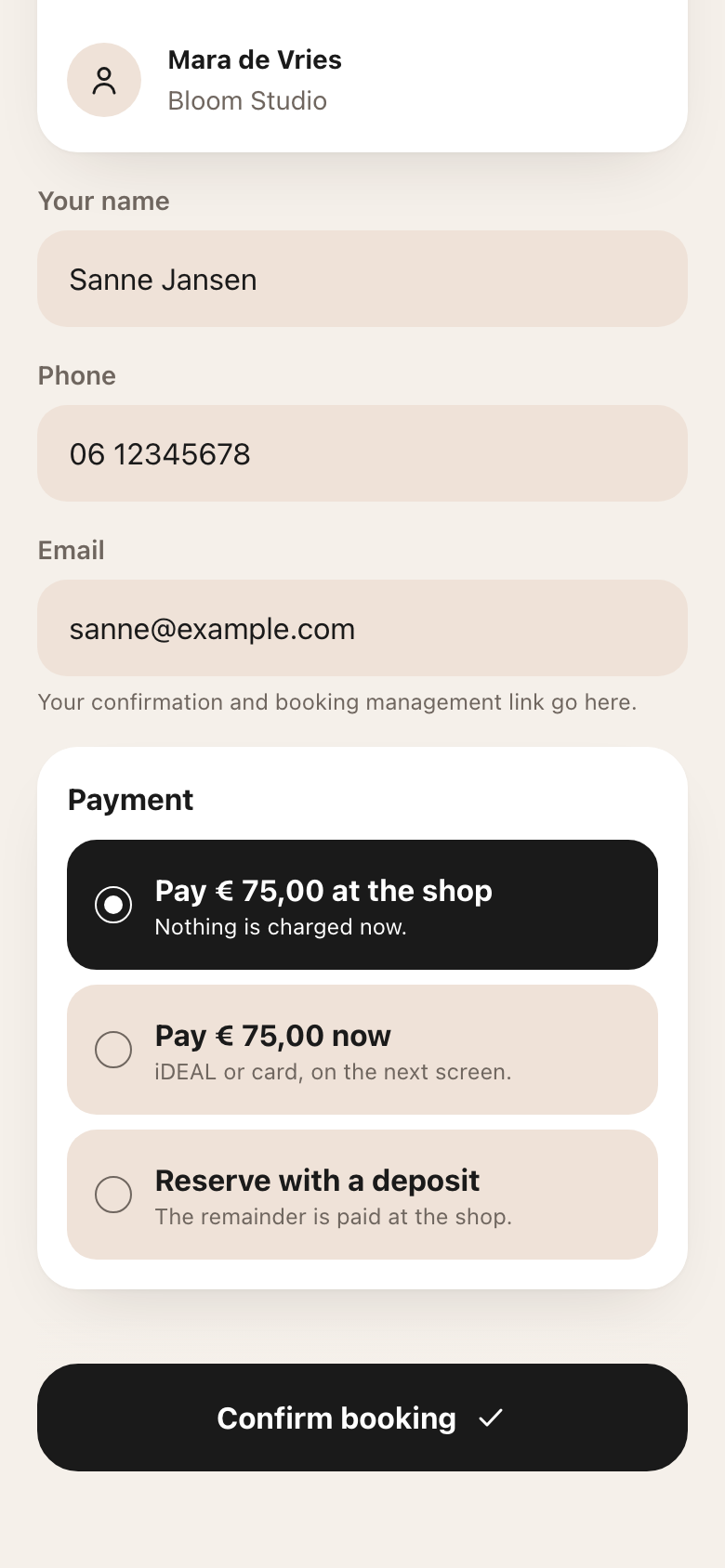 Booklino booking confirmation and payment screen