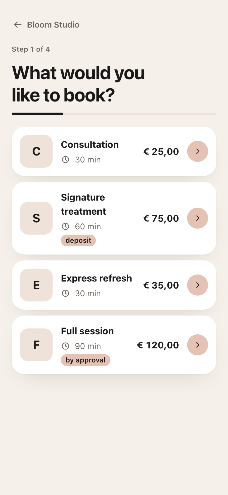 Booklino service selection screen