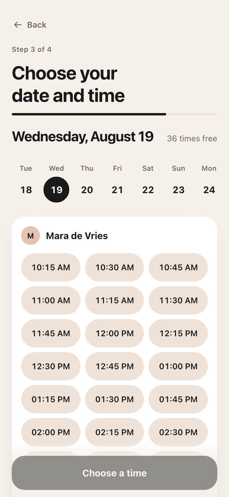 Booklino date and time selection screen