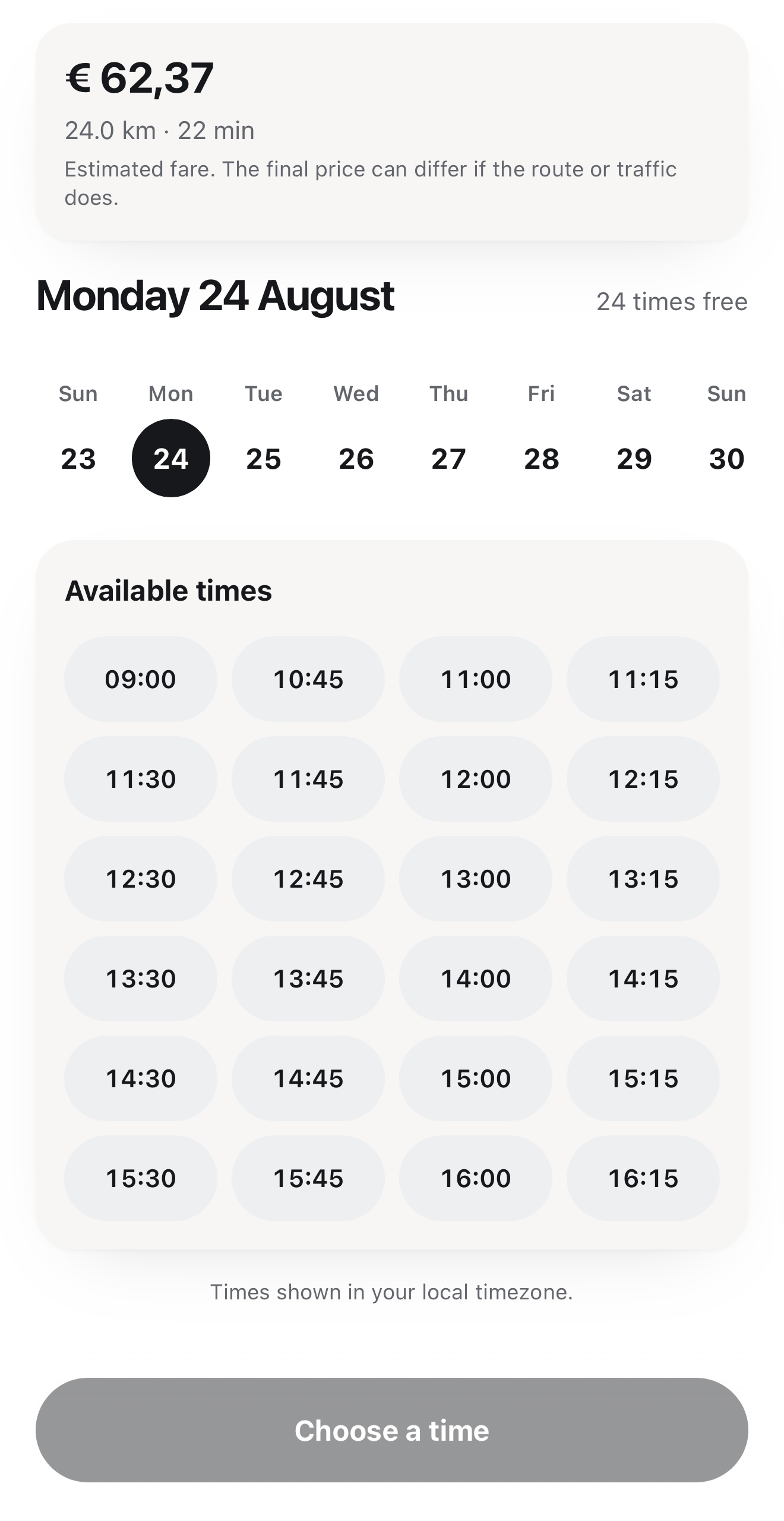 Booklino taxi fare and time screen